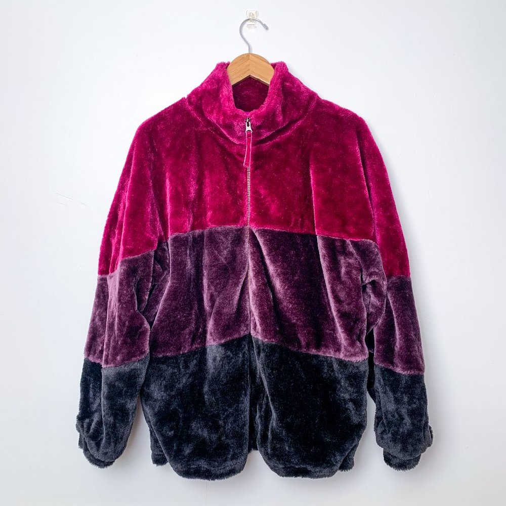 UGG Women’s Elaina Colorblock Faux Fur Coat Jacket In Wild Violet SZ M